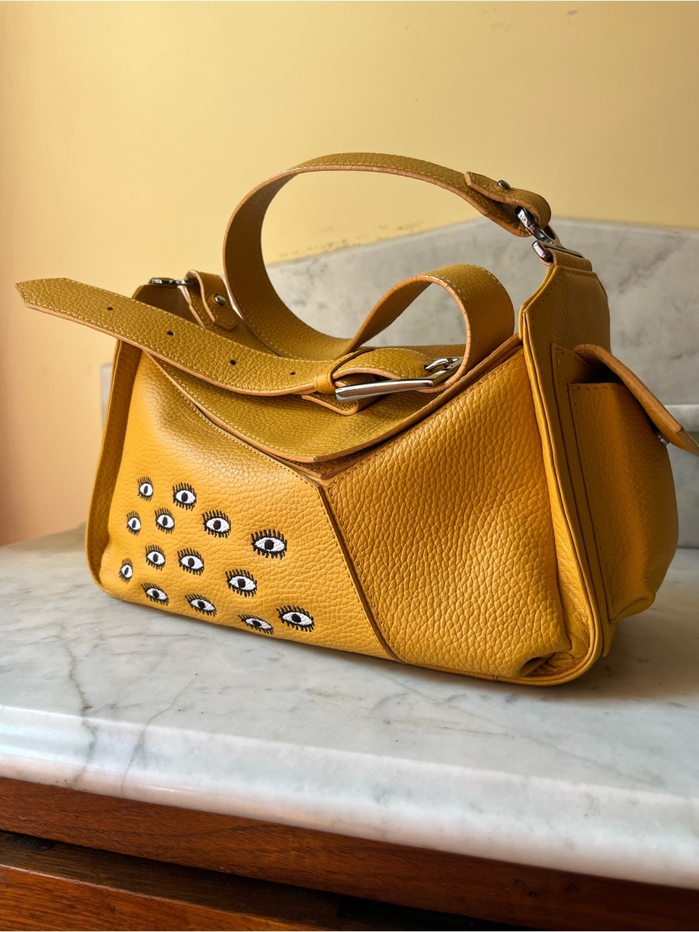 Min & Mon Houston Leather Shoulder Bag Eyes All Over Golden Glow - EUC